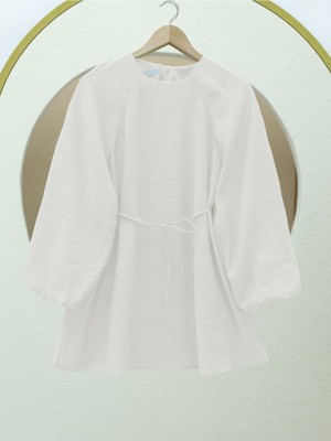 Modamorfo Yuvarlak Yaka Beli Bağcıklı Balon Kol Tunik  -Beyaz