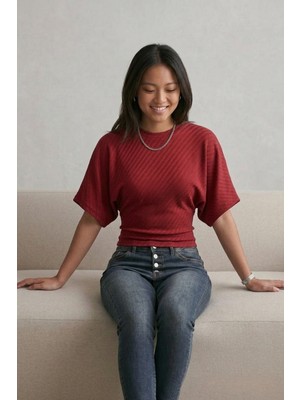 Şiir Wonsa Slim Fit Bele Oturan Geniş Kollu Doğal Viskon Karışımlı Diagonal Jakar Top & Kadın Bluz -