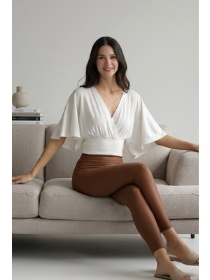 Şiir Nola Kadın Slim Kalıp Kruvaze Volan Kollu Ajur Jakarlı Crop Top & Bluz & Penye Bluz - Ekru