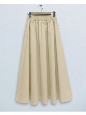 Modamorfo Beli Lastikli Çift Cepli Poplin Kloş Etek        -Sarı