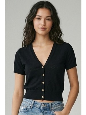 Şiir Vasi Kadın Slim Kalıp Ajurlu Kısa Kollu Şık Düğmeli (Over Waist) Kısa Hırka - Siyah