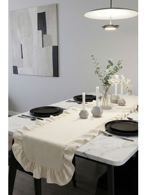 %100 Pamuk Natural Fırfırlı Runner - Bohem Masa Örtüsü 110X50 cm