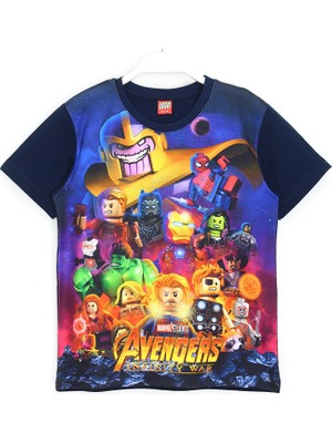 LEGO Avengers Infinity War Karakterleri 3D Baskılı Erkek Çocuk Kısa Kollu T-Shirt 5 - 13 Yaş Lacivert