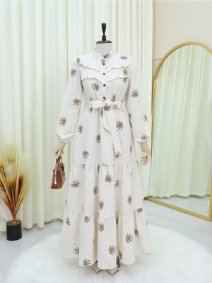 Modamorfo Önü Fırfırlı Yarım Düğmeli Parçalı Keten Elbise -Kamuflaj