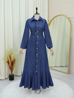 Modamorfo Boydan Düğmeli Fırfırlı Kemerli Parçalı Kot Elbise -Indigo