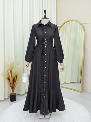 Modamorfo Boydan Düğmeli Fırfırlı Kemerli Parçalı Kot Elbise -Antrasit