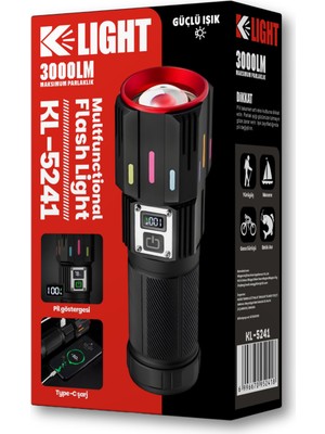 3000 Lümen Şarjlı El Feneri - 4500MAH Powerbank Özellikli - Type-C Şarjlı - Kamp Feneri KL-5241