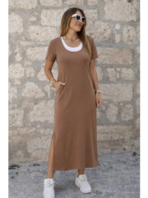 Livizmir Moda Kadın Kısa Kollu Içi Atlet Görünümlü Yandan Yırtmaçlı Uzun Viskon Elbise