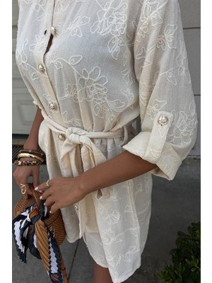 Infivento Süzene Nakışlı ve Gold Düğmeli Elbise 2742