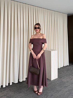 Laluvia Kahverengi Madonna Yaka Puantiyeli Midi Elbise - 00888