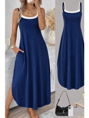 Livizmir Moda Kadın Ip Askılı Yuvarlak Yakalı Cepli Uzun Viskon Elbise