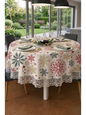 Rona Home Leke Tutmaz Duck Kumaş Kar Tanesi Desenli Yuvarlak Masa Örtüsü - Güpürlü Lüks Sunum Masası Örtüsü
