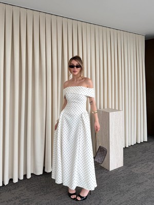 Laluvia Ekru Madonna Yaka Puantiyeli Midi Elbise - 00888