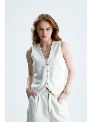 Rose Quenn Pamuklu Keten Kumaştan Krem Renginde Yazlık Kısa Yelek