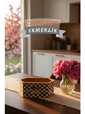 Cremighaus Geleneksel Tasarım Kapaklı Büyük Ekmeklik Altıgen Ahşap Ekmek Sepeti Dama Desenli