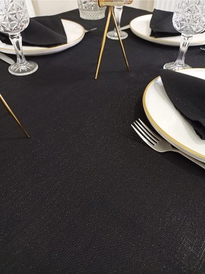 Zeren Home Elite Masa Örtüsü + Runner Takım | Lekeye Dayanıklı Linen Simli Siyah