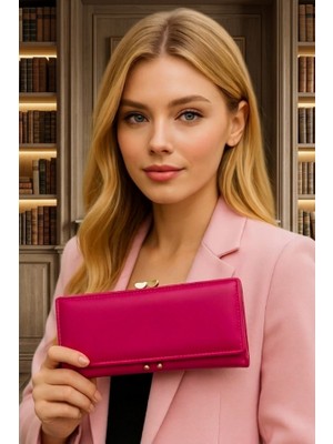 Koyu Pembe Kalp Nakışlı Kadın Deri Cüzdan - Şık Püsküllü Fermuarlı Kartlık