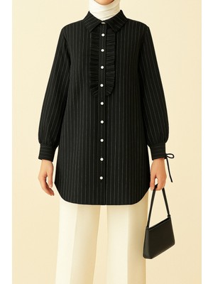 Modamorfo Kolu Bağcıklı Önü Fırfırlı Çizgili Gömlek Tunik -Siyah
