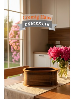 Cremighaus Geleneksel Tasarım Kapaklı Büyük Ekmeklik Oval Ahşap Ekmek Sepeti Kemençe Desenli