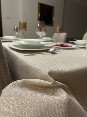Zeren Home Elite Masa Örtüsü + Runner Takım | Lekeye Dayanıklı Simli Gold
