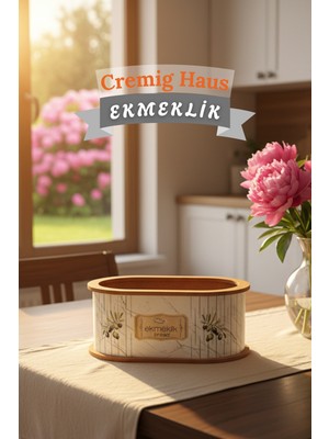 Cremighaus Geleneksel Tasarım Kapaklı Büyük Ekmeklik Oval Ahşap Ekmek Sepeti Beyaz Mermer Desenli