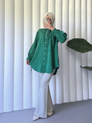 Moda Morfo Kolu Bağcıklı Önü Fırfırlı Çizgili Gömlek Tunik -Zümrüt