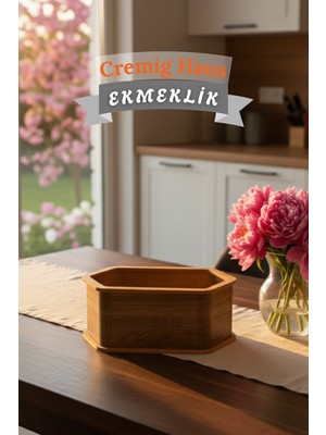 Cremighaus Geleneksel Tasarım Kapaklı Büyük Ekmeklik Altıgen Ahşap Ekmek Sepeti Kemençe Desenli