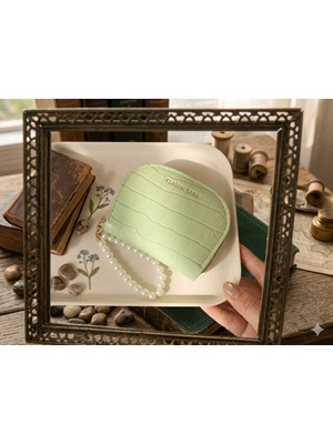 Yeşil Renk Inci Detaylı Deri Kadın Cüzdan/kartlık