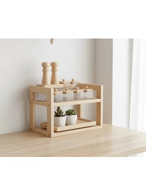 Ahşap 2 Katlı Baharatlık Standı - Tezgah Üstü Düzenleyici Raf - Modern Mutfak Rafı 25X20 cm