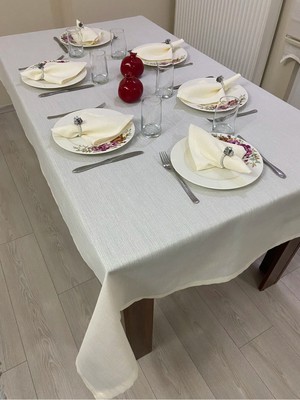 Zeren Home Elite Masa Örtüsü + Runner Takım | Lekeye Dayanıklı Simli Krem