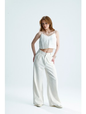 Rose Quenn Pamuklu Keten Kumaştan Ham Renginde Yalık Geniş Paça Uzun Pantolon