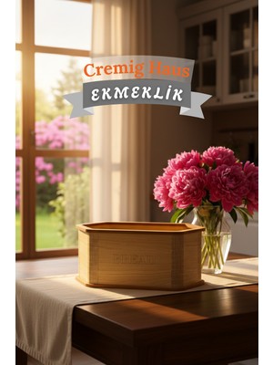 Cremighaus Geleneksel Tasarım Kapaklı Büyük Ekmeklik Altıgen Ahşap Ekmek Sepeti Akça Desenli