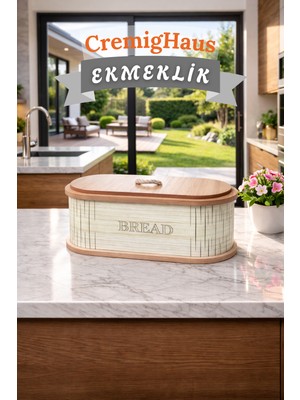 Cremighaus Geleneksel Tasarım Kapaklı Ekmeklik Oval Ahşap Ekmek Sepeti Akça Desenli