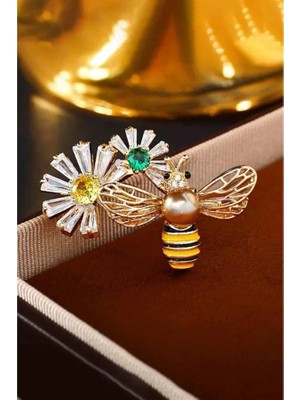 Karışık Renk Arı ve Çiçek Figürlü Taşlı Broş