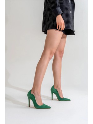 Ayakkabı Prensi Kalp Zumrut Suet 10 cm Stiletto, Topuklu Ayakkabı Kadın