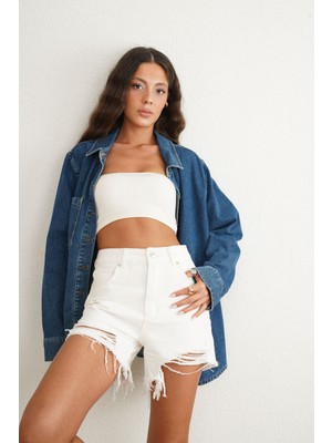 Taylan Tekstil Beyaz Yırtık Jean Şort