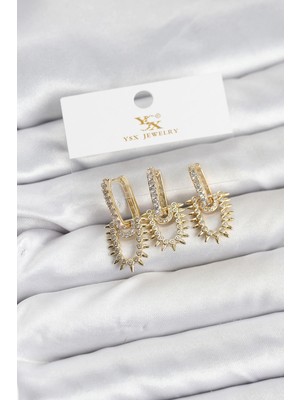 Aesco Mey Ithalat® Pirinç Gold Renk Zirkon Taşlı Vintage Model Ysx Trio Küpe Seti