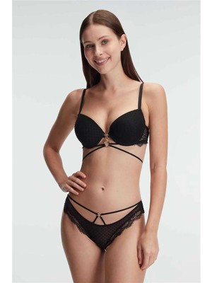 İlkyaz Fashion  Balenli Destekli Dolgulu Göbek Detaylı Puantiyeli Dantelli Sütyen ve Slip Takım