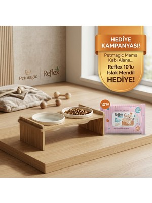 Petmagic Reflex Islak Mendil Hediyeli Ahşap Kedi Köpek Mama Kabı Standı – Seramik Çift Kaseli Yükseltilmiş