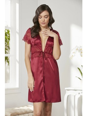 Pierre Cardin Saten Dantelli Midi Sabahlık 1020 Bordo