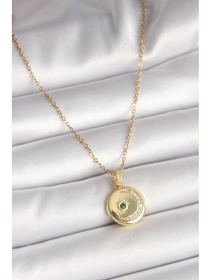 Aesco Mey Ithalat® 316L Çelik Gold Renk Zincir Zirkon Taş Işlemeli Hilal Yıldız Işlemeli Madalyon Model Kadın Kolye