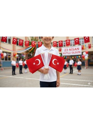Herşey Nota 10'lu Paket 23 Nisan Bayrak Seti - Alpaka Kumaş, Saplı Türk Bayrağı 20X30CM, Okul Süslemeleri Için