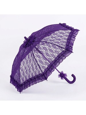 Ceyyiz Viktorya Tarzı Mor Gelin Şemsiyesi – 75 cm Geniş Açılım, Fırfırlı Dantel Detaylı