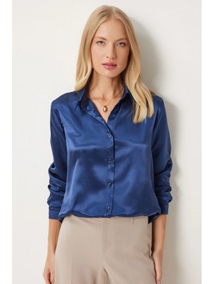 Bacc Lacivert Hafif Dökümlü Saten Yüzeyli Dokuma Gömlek BC231050