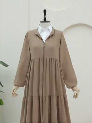 Modamorfo Boydan Fermuarlı Kolu Lastikli Parçalı Ayrobin Ferace -Vizon