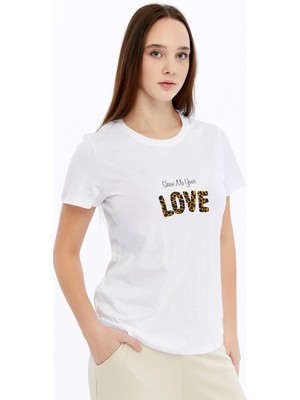 Trender Baskı Kadın T-Shirt Love Beyaz