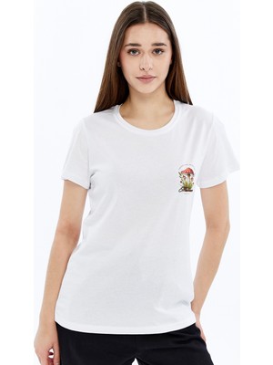 Trender Baskı Kadın T-Shirt Mantar Beyaz