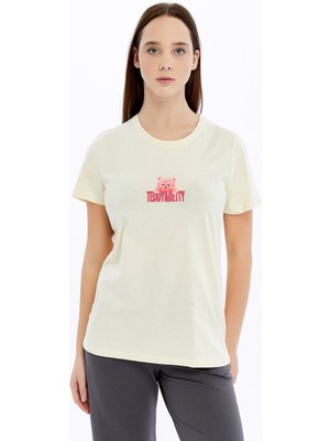 Trender Baskı Kadın T-Shirt Ayıcık Bej