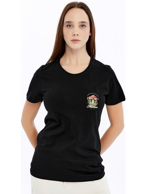 Trender Baskı Kadın T-Shirt Mantar Siyah