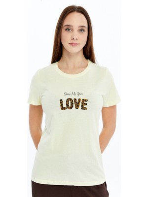 Trender Baskı Kadın T-Shirt Love Açık Sarı